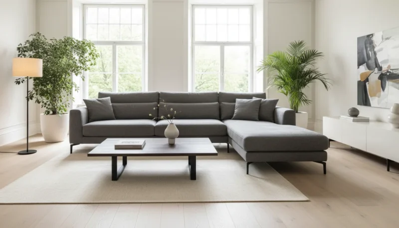 Divano angolare moderno con penisola in salotto luminoso e arredamento contemporaneo