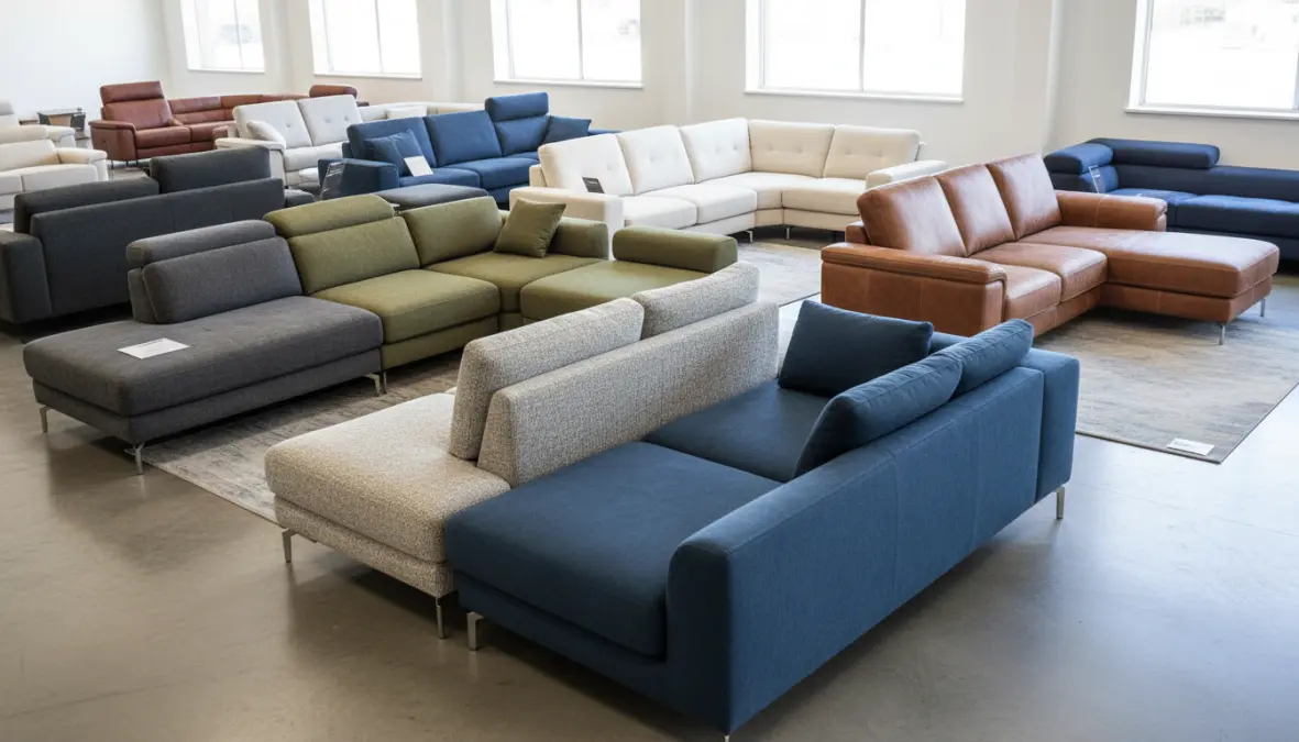 Diverse tipologie di divani angolari componibili e reversibili con varie configurazioni