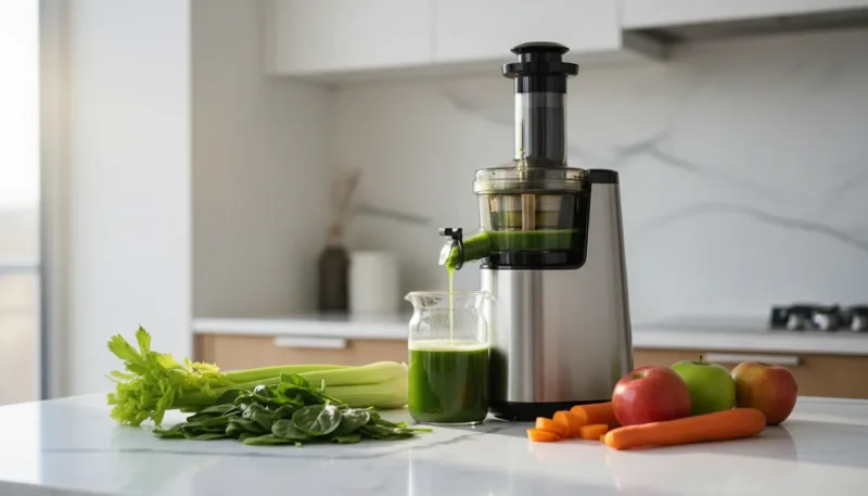 Estrattore di succo a freddo che prepara succo fresco di frutta e verdura su piano cucina