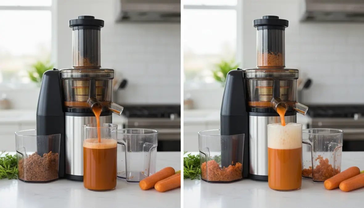 Confronto visivo differenza tra estrattore di succo e centrifuga con succhi prodotti