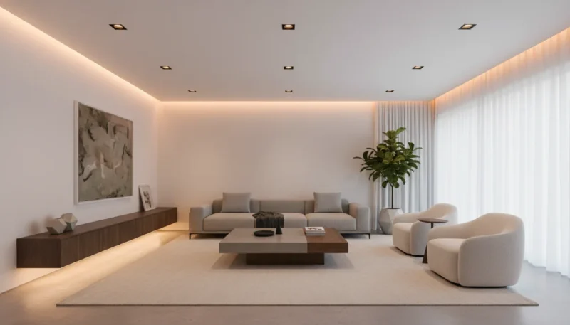 Faretti a incasso LED installati nel soffitto di un soggiorno moderno con illuminazione elegante