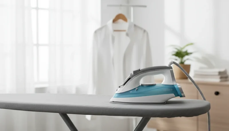 Ferro da stiro moderno con asse da stiro e camicia stirata in casa contemporanea