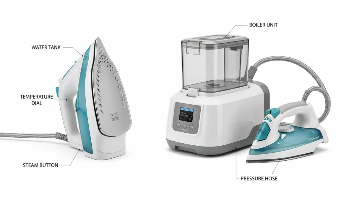 Confronto tra ferro da stiro tradizionale e caldaia stirante professionale