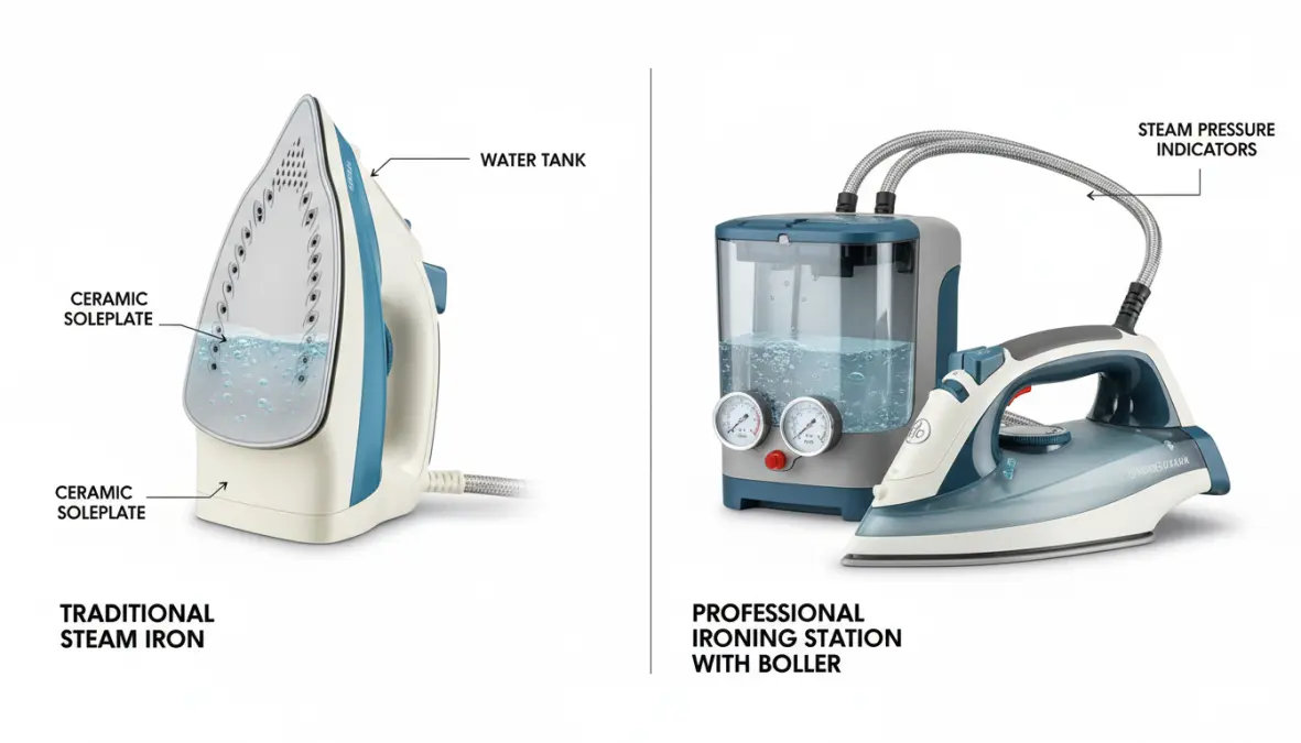 Confronto diretto tra ferro da stiro tradizionale e ferro da stiro con caldaia