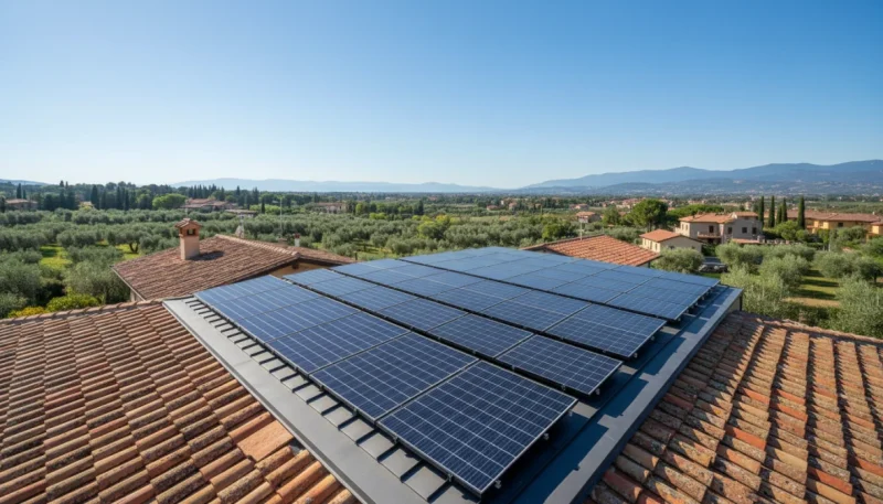 Impianto fotovoltaico domestico installato sul tetto di una casa con pannelli solari