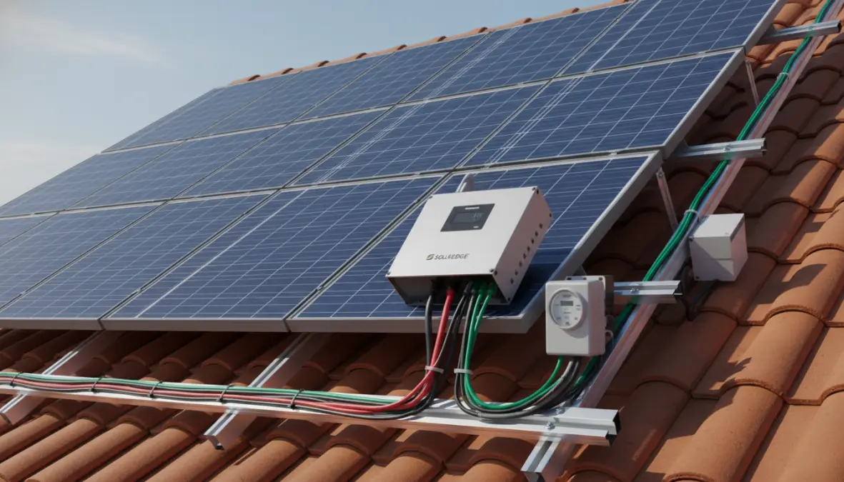Dettaglio tecnico di pannelli fotovoltaici e inverter in un impianto domestico