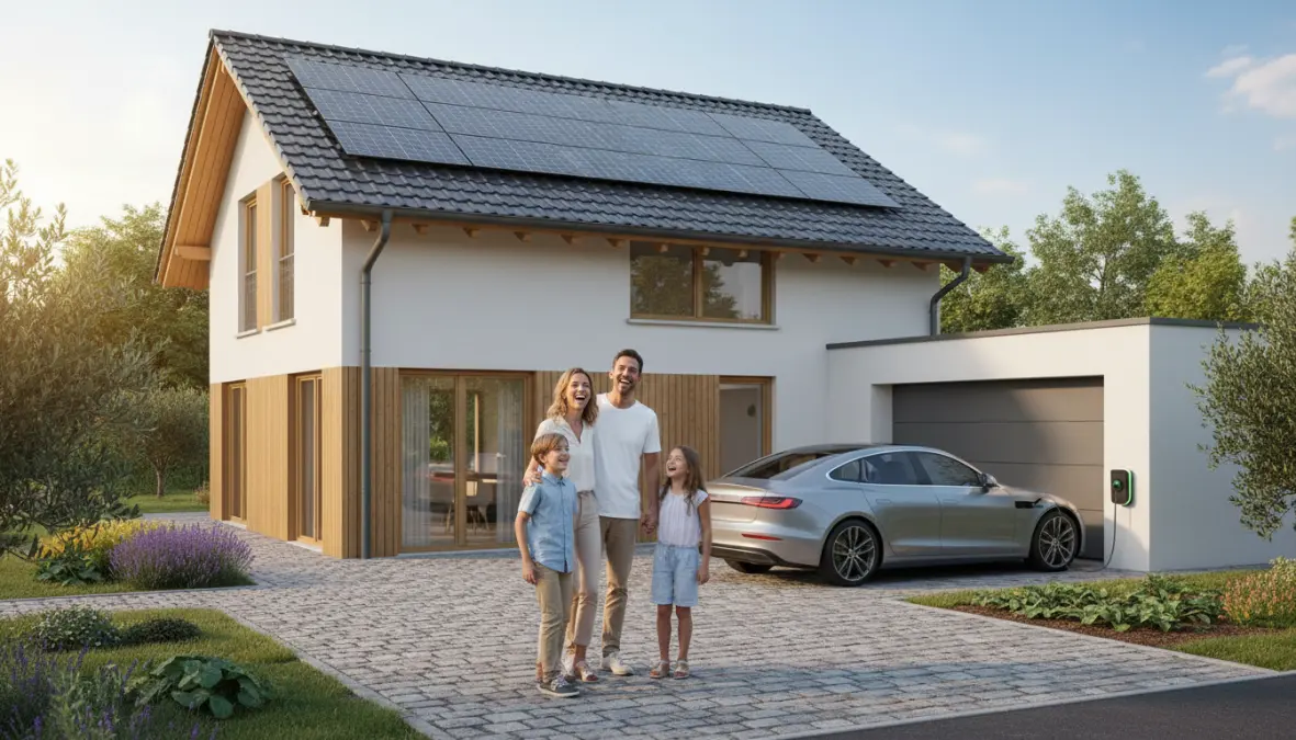 Famiglia italiana davanti a casa con impianto fotovoltaico domestico sul tetto