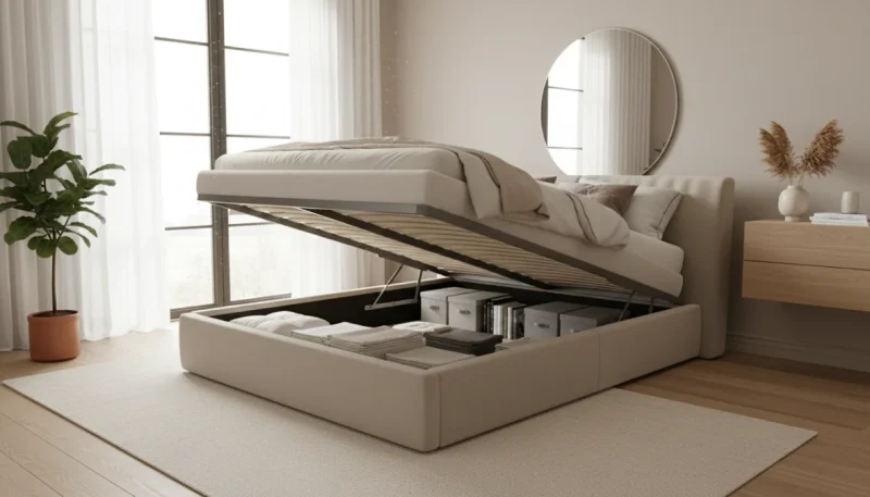 Letto contenitore moderno con meccanismo di sollevamento in camera da letto ordinata