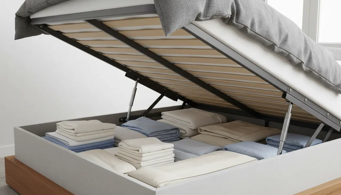 Meccanismo alzata con pistoni idraulici di un letto contenitore con vano aperto