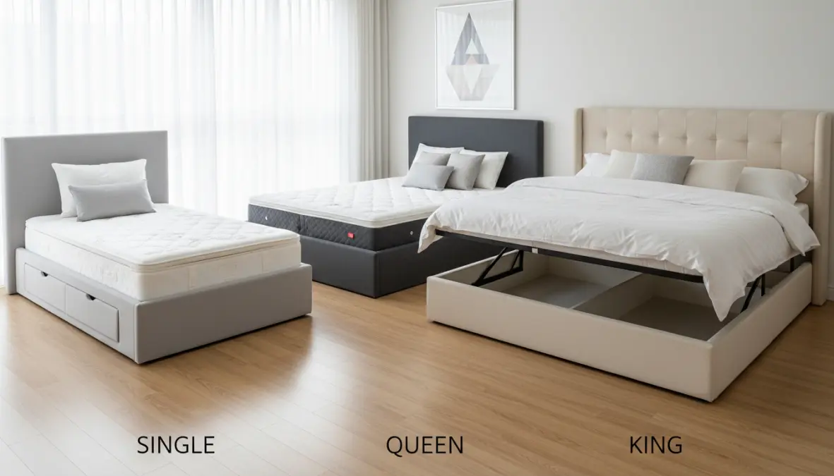 Letti contenitori in diverse dimensioni: singolo, una piazza e mezza e matrimoniale