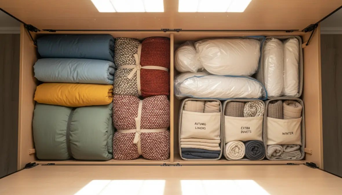 Vano contenitore del letto aperto con biancheria organizzata, soluzione salvaspazio per camera