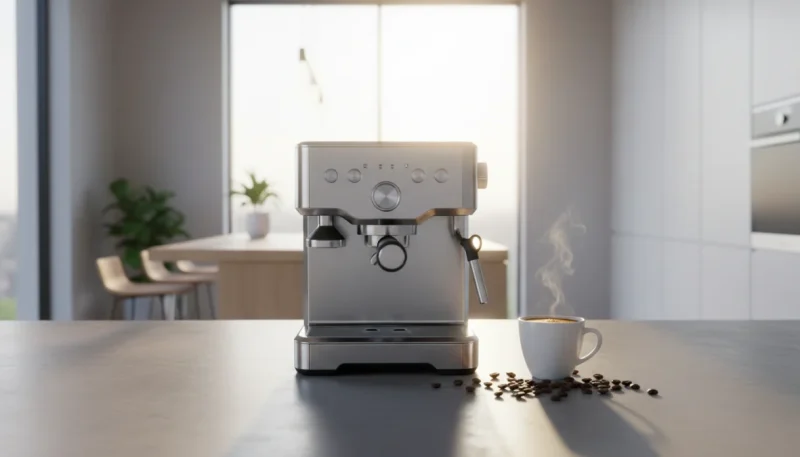 Macchina caffè espresso moderna su piano cucina con tazza di caffè fumante e chicchi