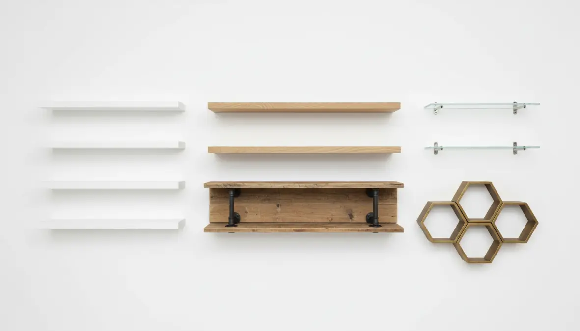Diverse tipologie di mensole a muro moderne in legno e metallo