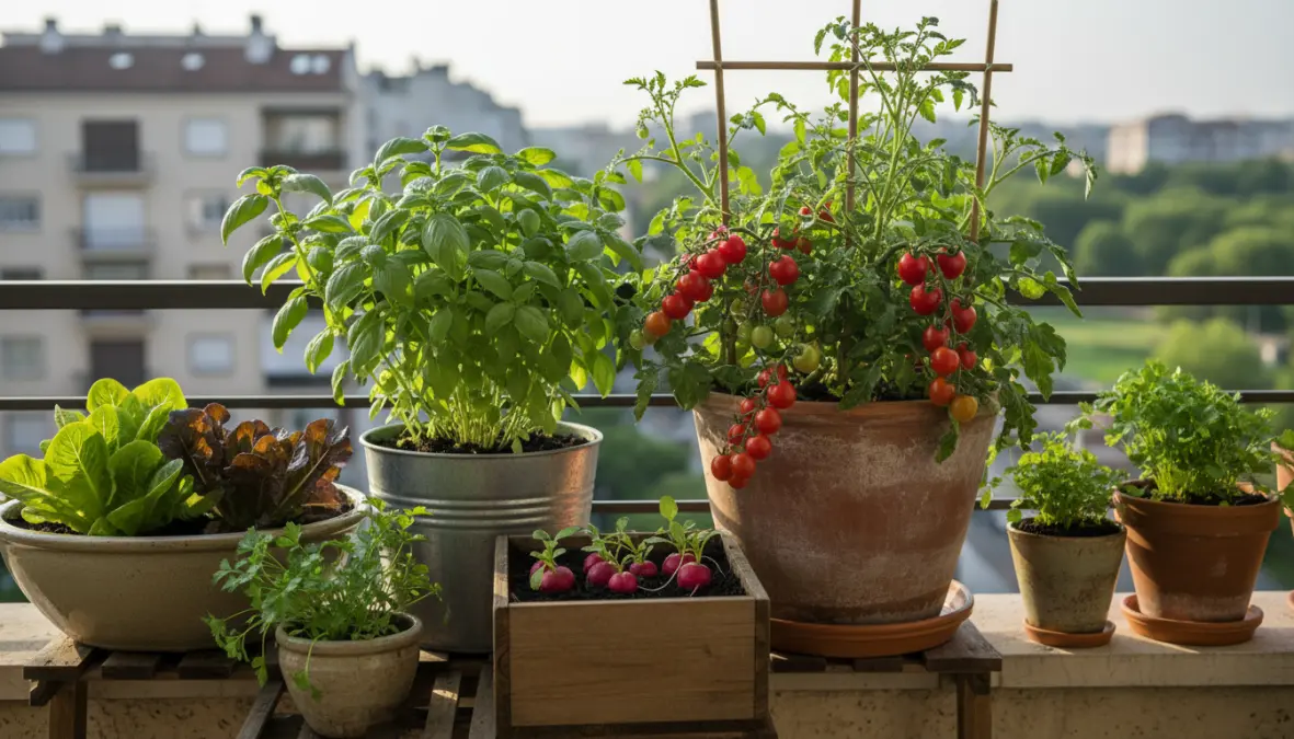 Piante da orto per principianti in vaso: pomodori ciliegini, lattuga, basilico e aromatiche