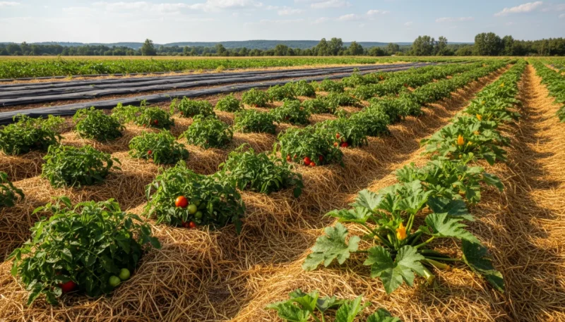 Orto con pacciamatura di paglia tra le file di ortaggi