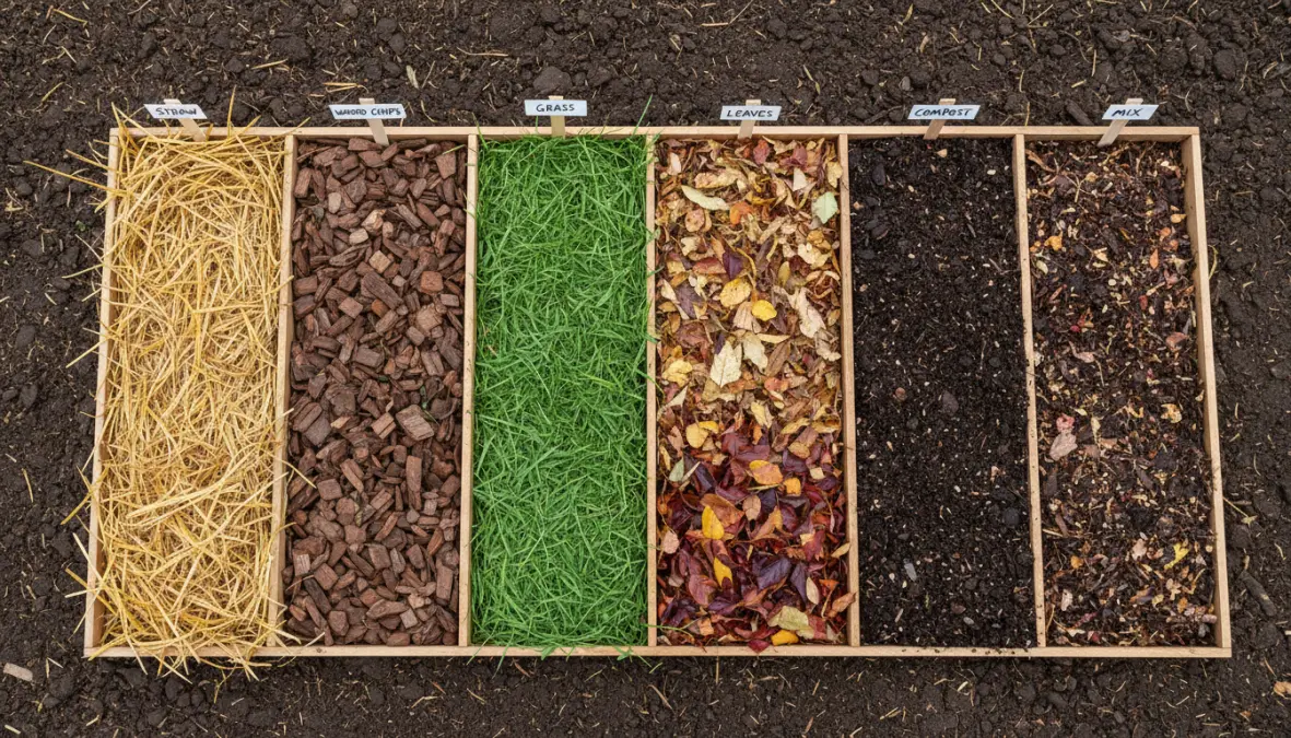 Diversi materiali naturali per pacciamatura orto a confronto