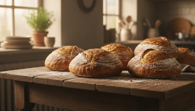 Pane fatto in casa appena sfornato su tavolo in legno con crosta dorata e croccante