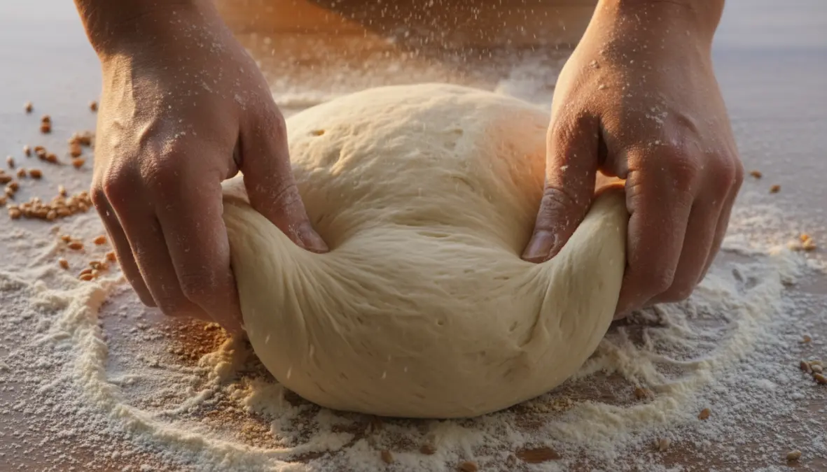 Impasto pane fatto in casa lavorato a mano su piano infarinato con texture elastica