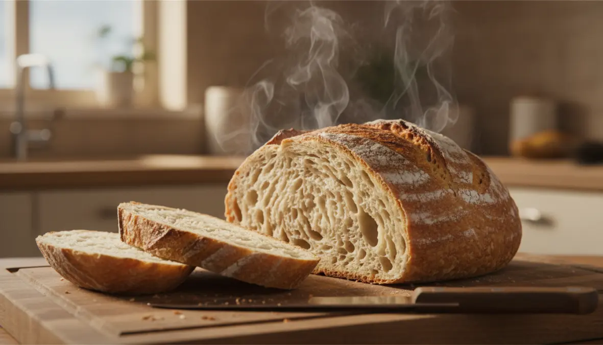 Pane fatto in casa morbido e soffice tagliato a fette che mostra alveolatura interna