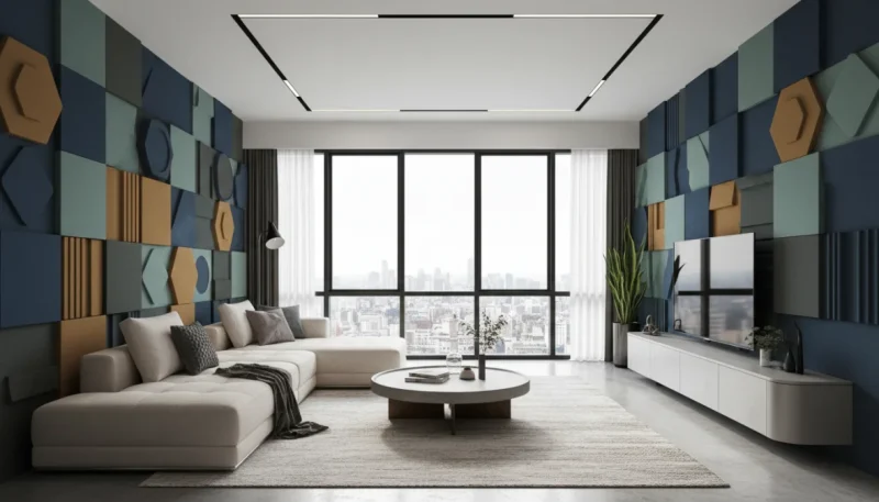 Pannelli fonoassorbenti decorativi installati in un ambiente domestico moderno