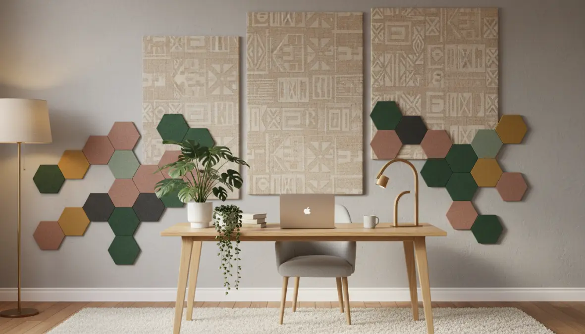 Pannelli acustici decorativi in tessuto installati in ufficio domestico moderno