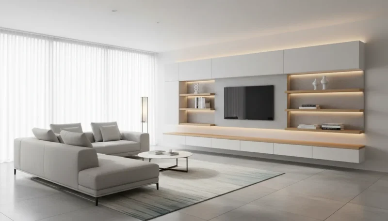 Parete attrezzata moderna per soggiorno con mobile TV integrato e mensole design