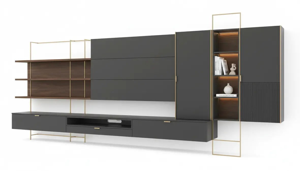 Parete attrezzata componibile con moduli personalizzabili e finitura moderna