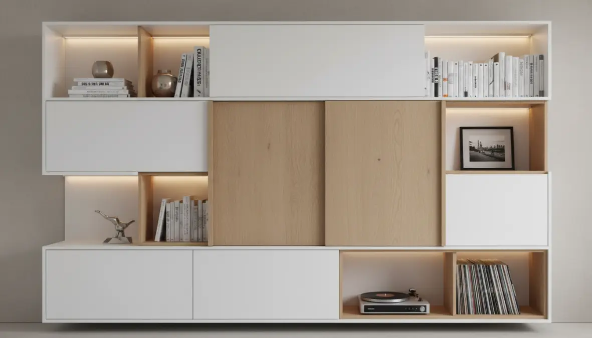 Parete attrezzata componibile moderna con libreria integrata e illuminazione LED