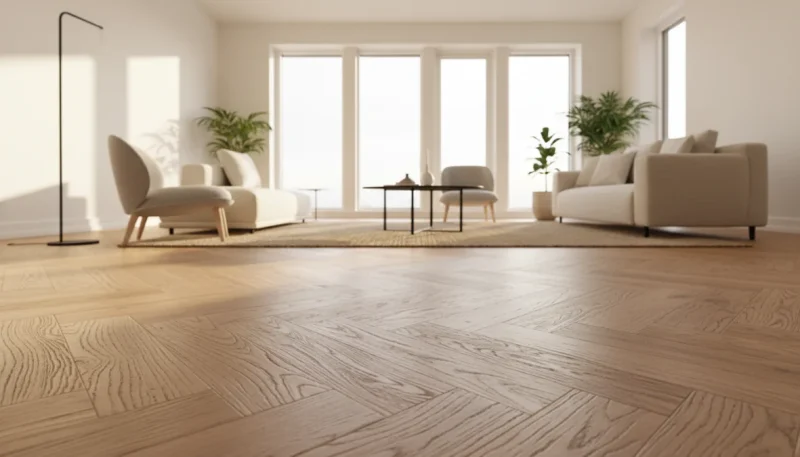 Pavimento in parquet di rovere in soggiorno moderno con luce naturale