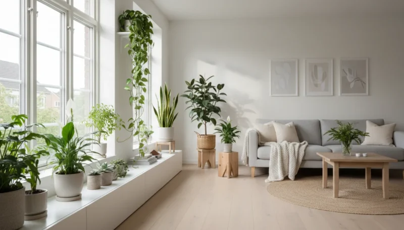 Piante che purificano aria in appartamento moderno con luce naturale