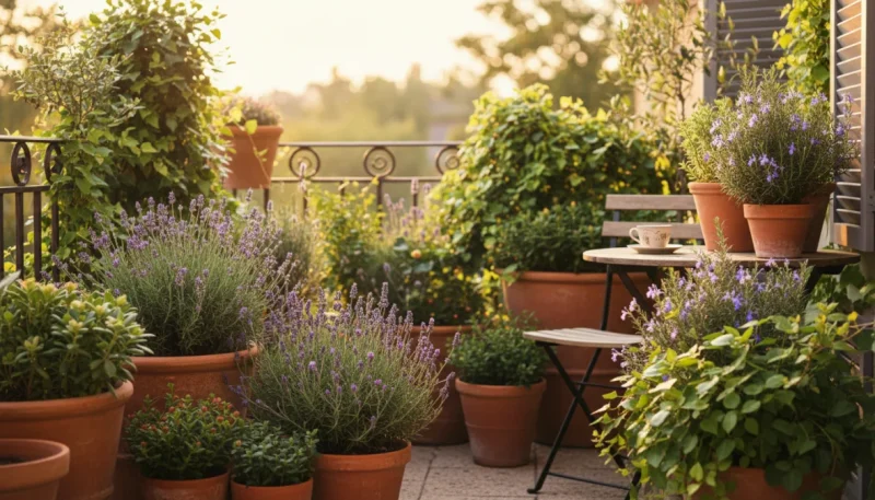 Balcone fiorito con piante da balcone resistenti e sempreverdi in vaso