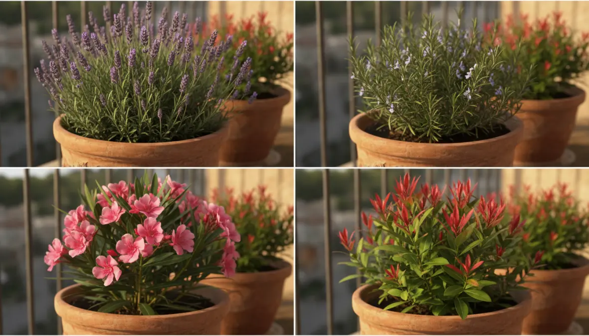Piante da balcone resistenti al sole come lavanda, rosmarino e oleandro in vaso