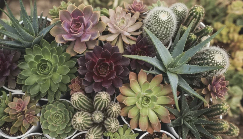 Collezione variegata di piante grasse e succulente colorate disposte insieme
