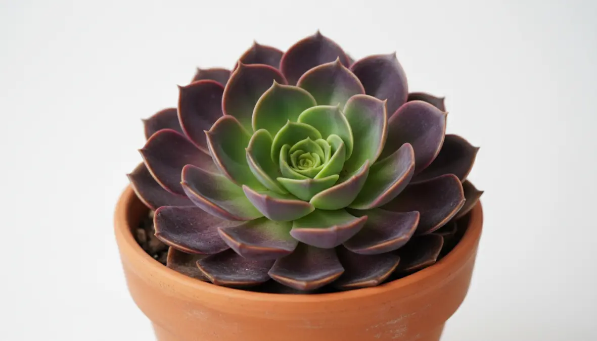 Echeveria pianta grassa in vaso con foglie viola e verdi disposte a rosetta