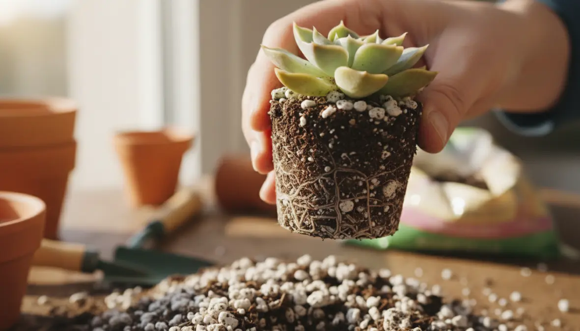 Rinvaso di pianta grassa mostrando terriccio drenante ideale per succulente