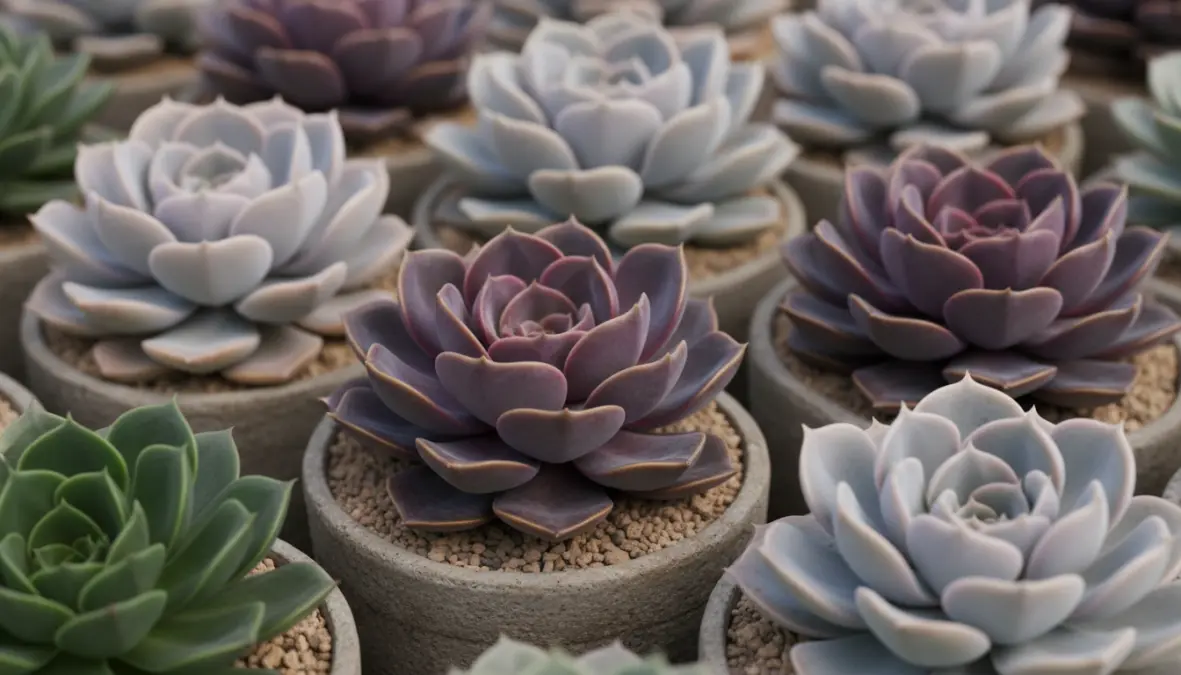 Echeveria e altre succulente ornamentali con rosette perfette, piante grasse da appartamento