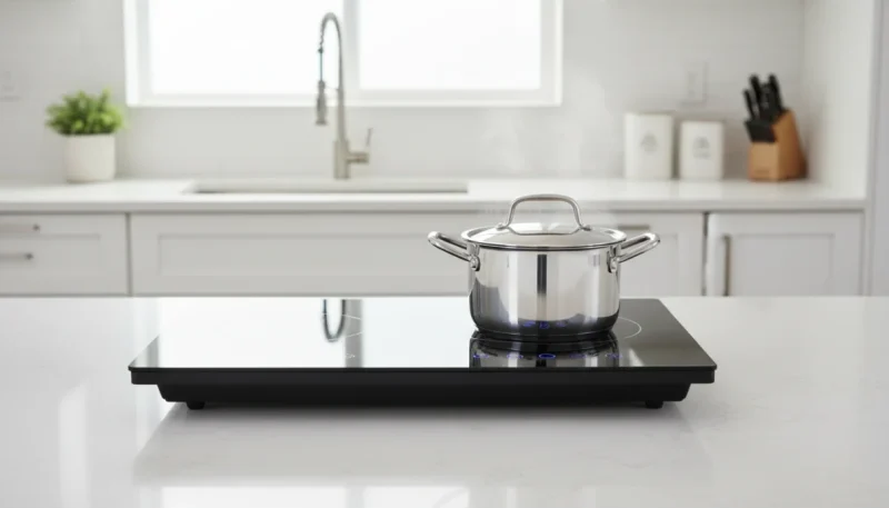 Piastra a induzione portatile moderna su piano cucina con pentola in acciaio