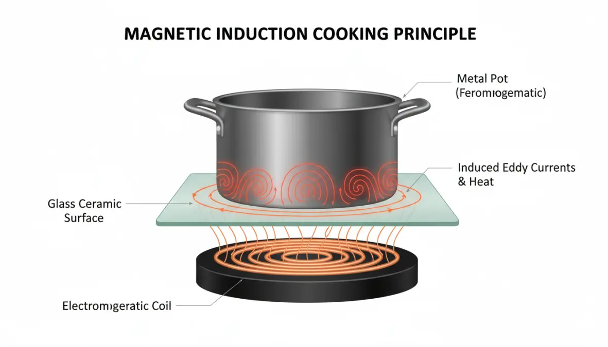 Funzionamento cottura a induzione magnetica con campo elettromagnetico