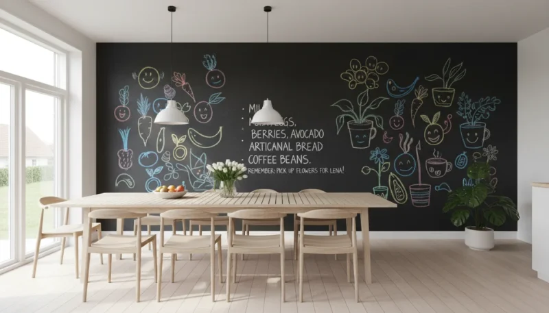 Parete con pittura lavagna nera in cucina moderna con scritte e disegni colorati