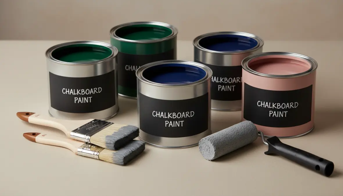 Barattoli di pittura lavagna in diversi colori con pennelli e rullo