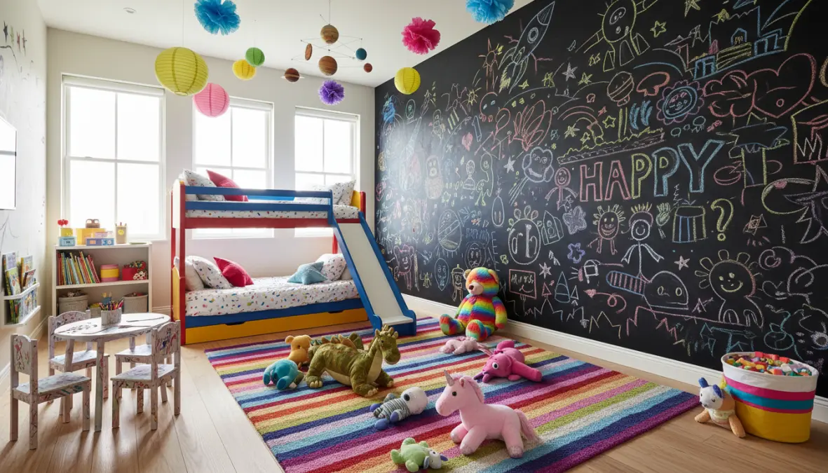 Cameretta bambini con parete effetto lavagna decorata con disegni colorati