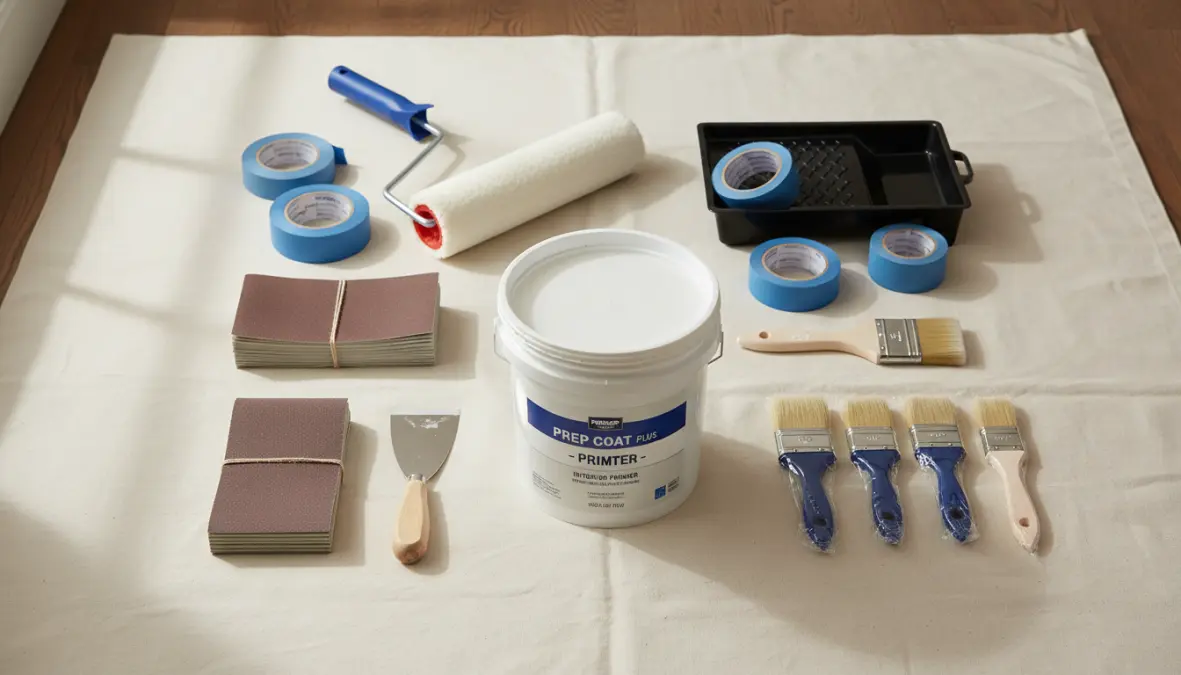 Preparazione pareti per tinteggiare casa con primer e attrezzi per pittura