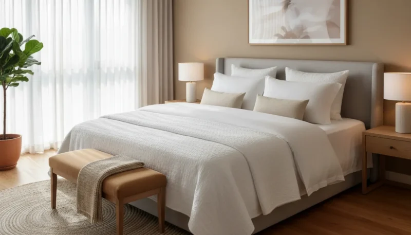 Piumone bianco su letto matrimoniale in camera da letto moderna e accogliente