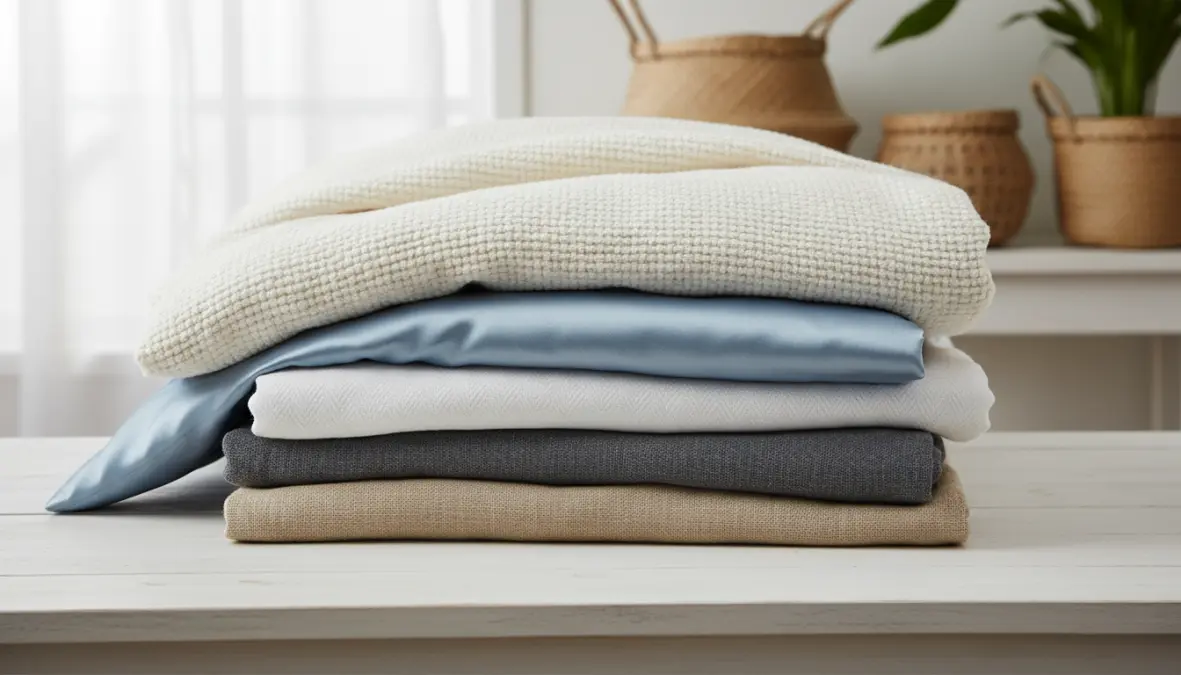 Copripiumini in diversi tessuti e colori impilati ordinatamente