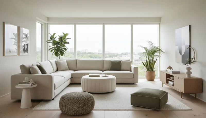 Soggiorno moderno con pouf e ottomana eleganti come complementi d'arredo