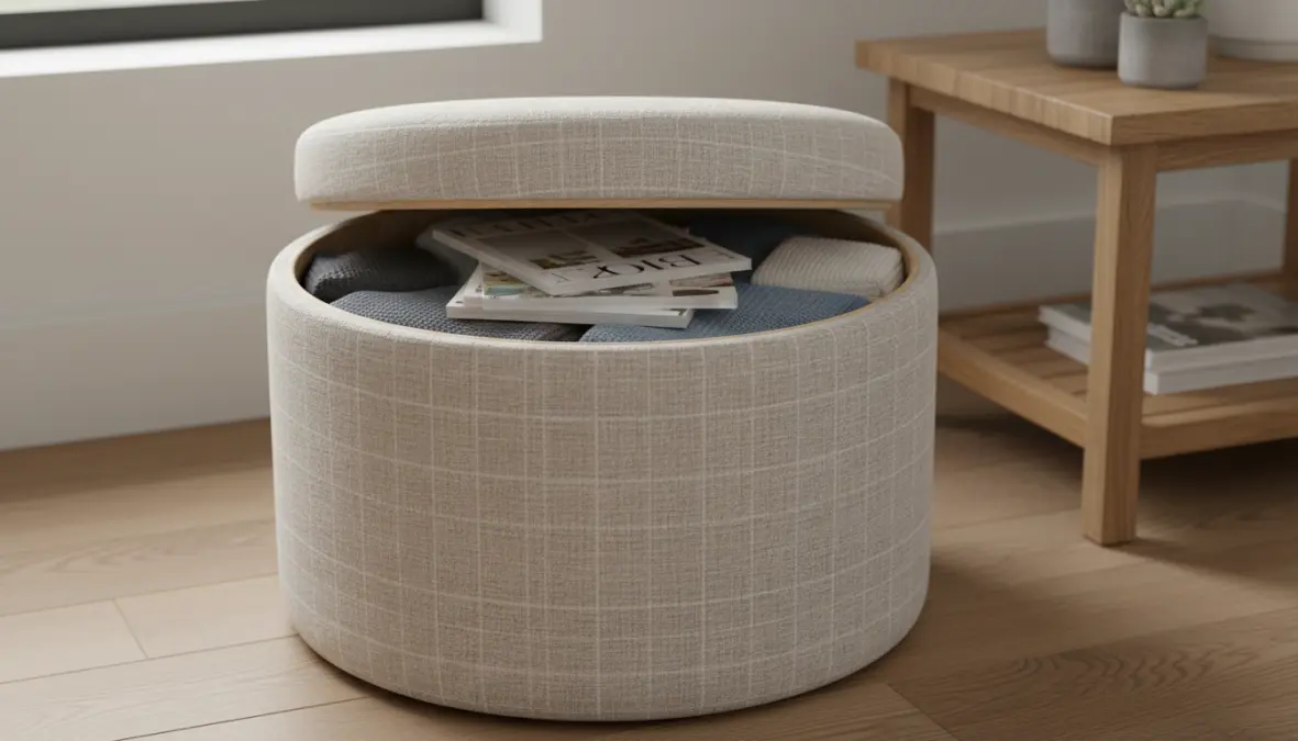 Pouf contenitore aperto con vano portaoggetti per soggiorno