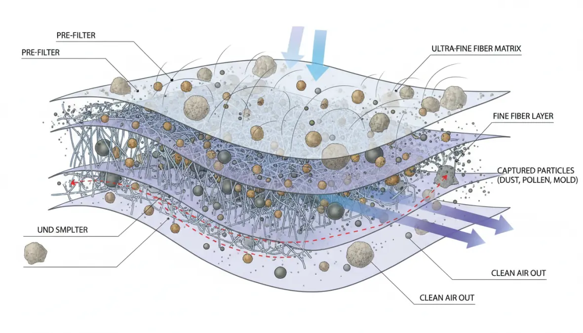 Filtro HEPA purificatore aria con strati filtranti per catturare allergeni e polveri sottili