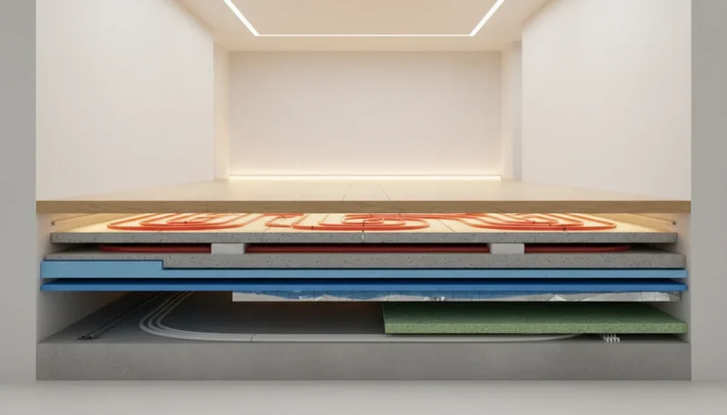 Sezione trasversale di un sistema di riscaldamento a pavimento con serpentina e massetto