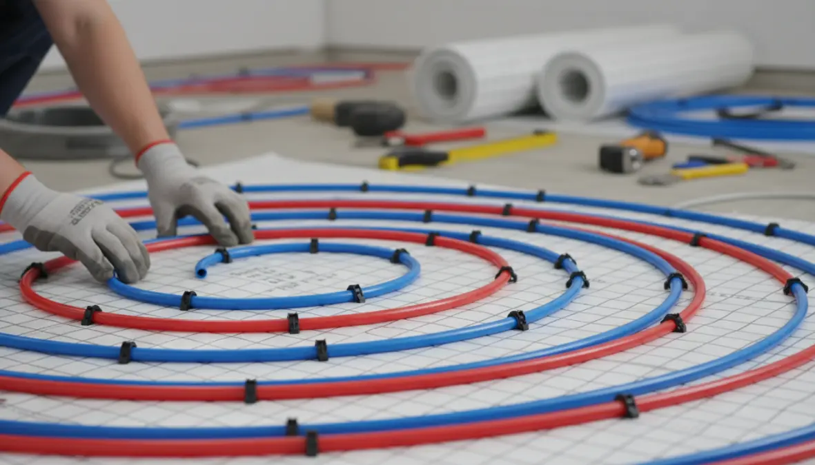 Installazione di serpentina per impianto radiante a pavimento durante i lavori
