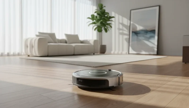 Robot aspirapolvere moderno che pulisce il pavimento in salotto contemporaneo